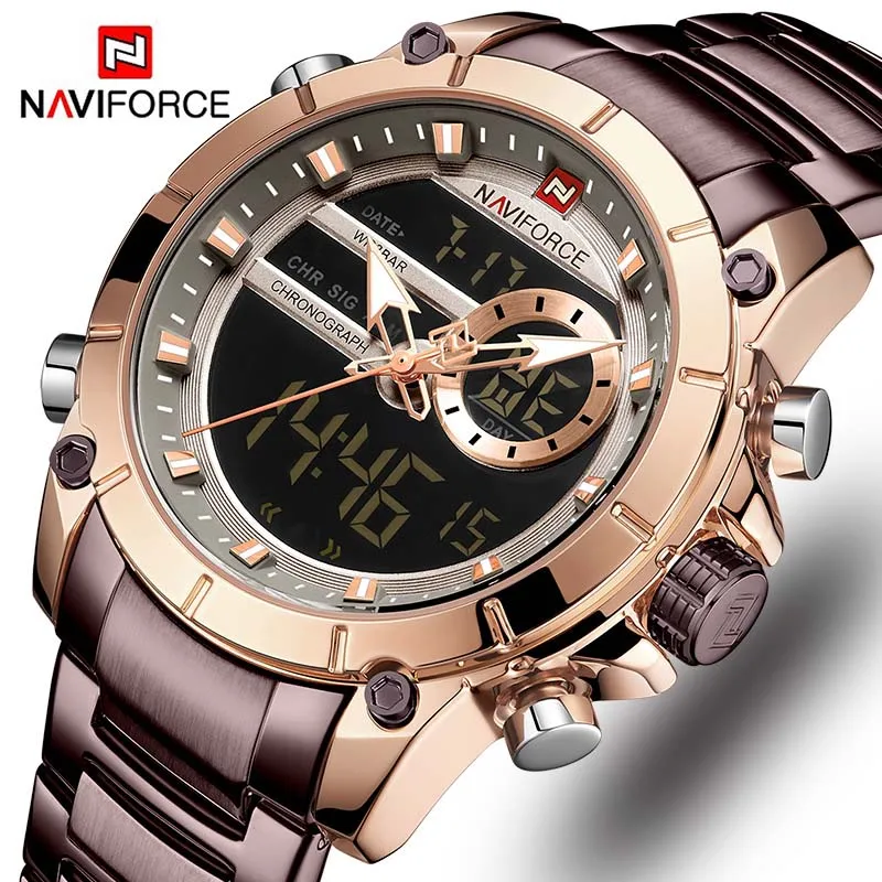Naviforce Роскошные мужские часы со светящимся циферблатом, Цифровые кварцевые часы топ бренда, мужские часы, брендовые Роскошные мужские часы с двойным дисплеем - Цвет: Brown Brown