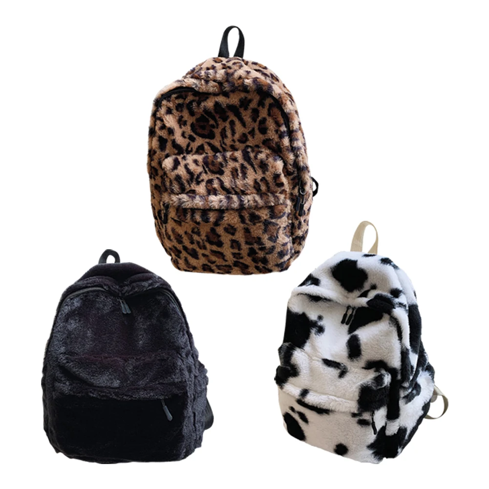 stylish evening bags 2021 Women Cow Print Backpack Multi-Pockets Shoulder Bags Winter Soft Plush Leopard Pattern Travel Bag Fluffy School Book Bag stylish backpacks for women