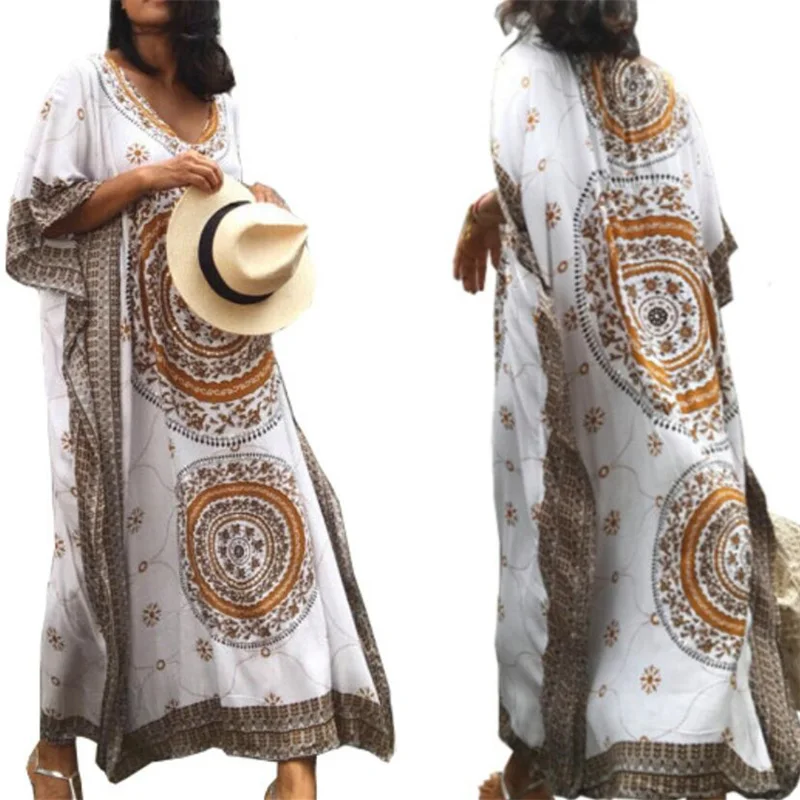 Indie Folk Long Kaftan Summer Beach Dress Women Clothing Large Size Beachwear Cover ups Robe de Plage Saida de Praia #Q288