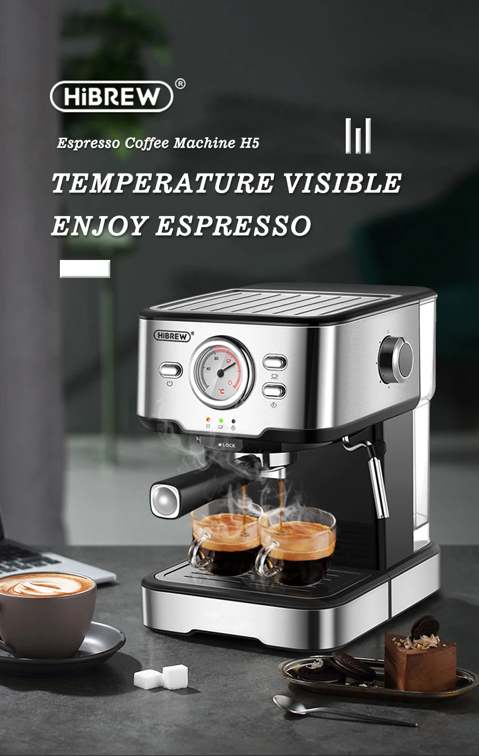 HiBREW 20 Bar Espresso inox Semi Automatic Coffee Machine Cafetera H5