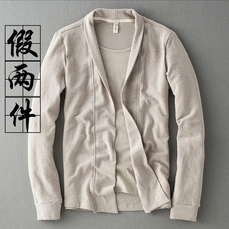 

2019 Autumn Cotton Linen Jacket Men's Chinese-style Men'S Wear Casual Flax Long Sleeve Mock Two-Piece Cardigan Men's