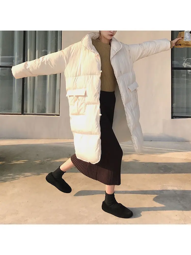 Boyfriend Force MAX, Зимний стиль, корейский стиль, с карманами, пуховик, женский, свободный, теплый, длинный, хлопок