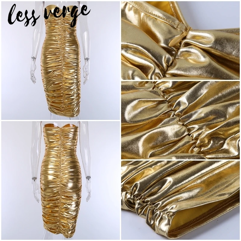Lessverge Клубные вечерние золотые миди сексуальные бандажные платья для женщин с рюшами размера плюс элегантное платье осень зима блестящее облегающее платье Женский