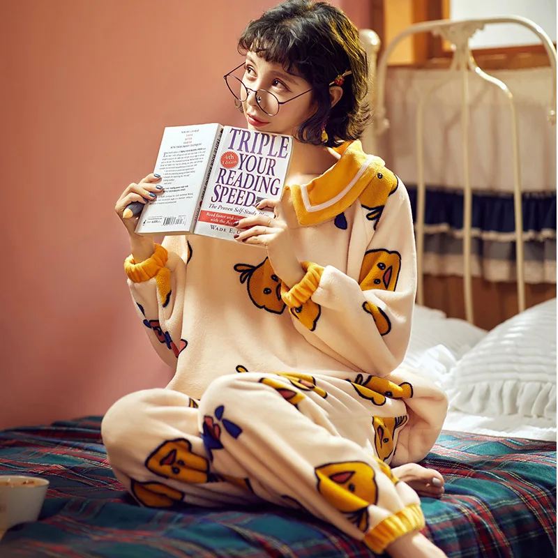 Теплые зимние пижамы для девочек из бархата кораллового цвета с отворотом и утенком; мягкая и удобная домашняя одежда с рисунком; комплект из двух предметов