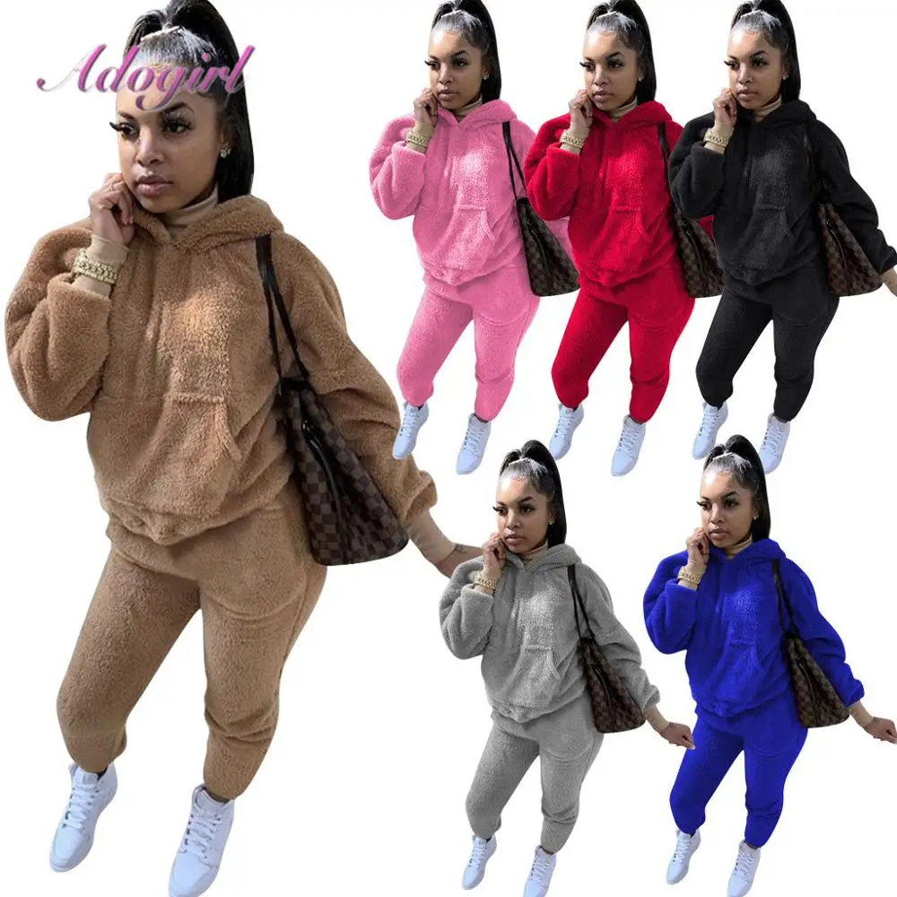 

Plush Warm Fluffy Suit Autumn Home Two Piece Set Casual Teddy Long Sleeve Sweatsuit Hoodies Joggers Pants Suit Outdoor Tracksuit