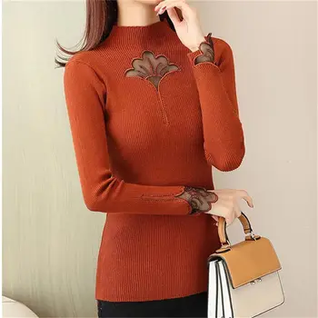 

Korea Autumn Winter Solid chic Pullovers Sweaters Women Caramel Embroidery Lace Hollow Knitted Slim Sweater Female Tops
