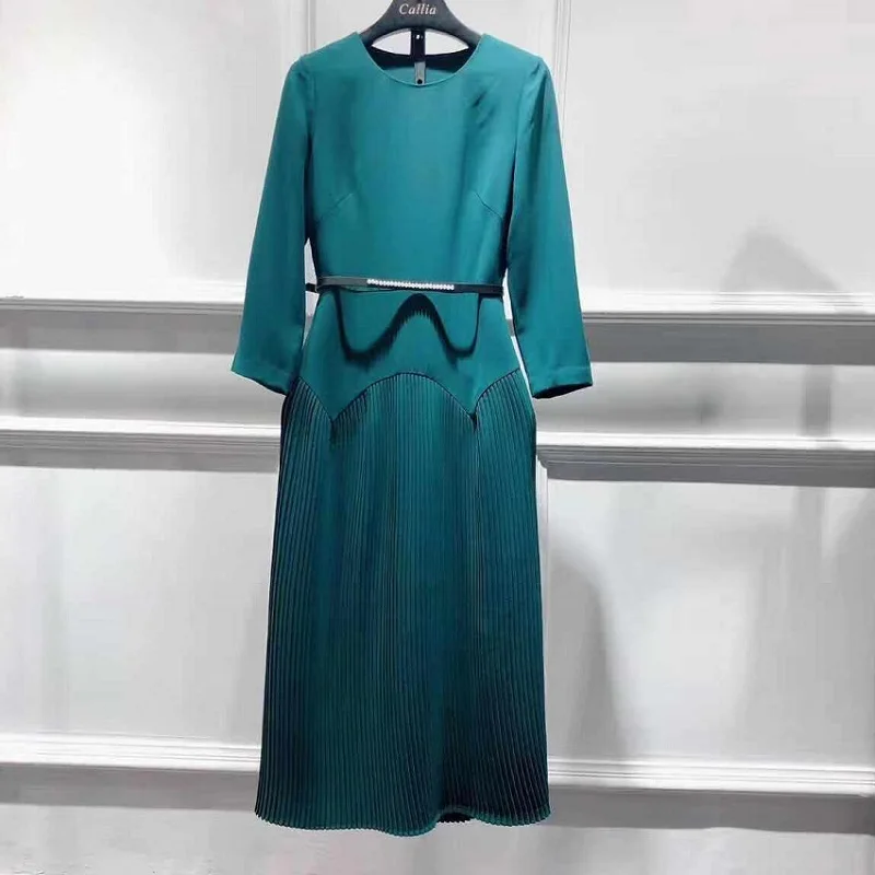 Вечерние Элегантные платья, осенний стиль, женское плиссированное платье с круглым вырезом, 3/4 рукав, Md-телячья длина, синее зеленое платье, vestidos mujer