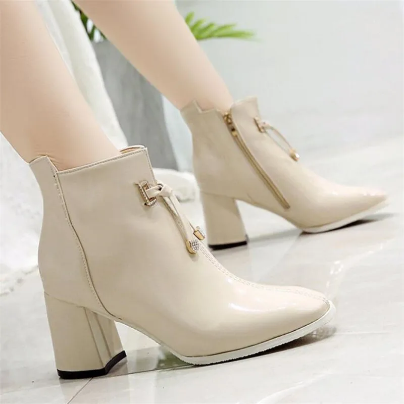 

Mhysa 2019 Winter High Heels Square Toe Ankle Boots for Women Fashion Patent Leather Shoes Woman Motorcycle Booties Botas Mujer