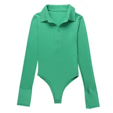 

Basic Solid Color Green Lapel Small Flared Long-sleeved Deep V Bodysuit Tops for Women