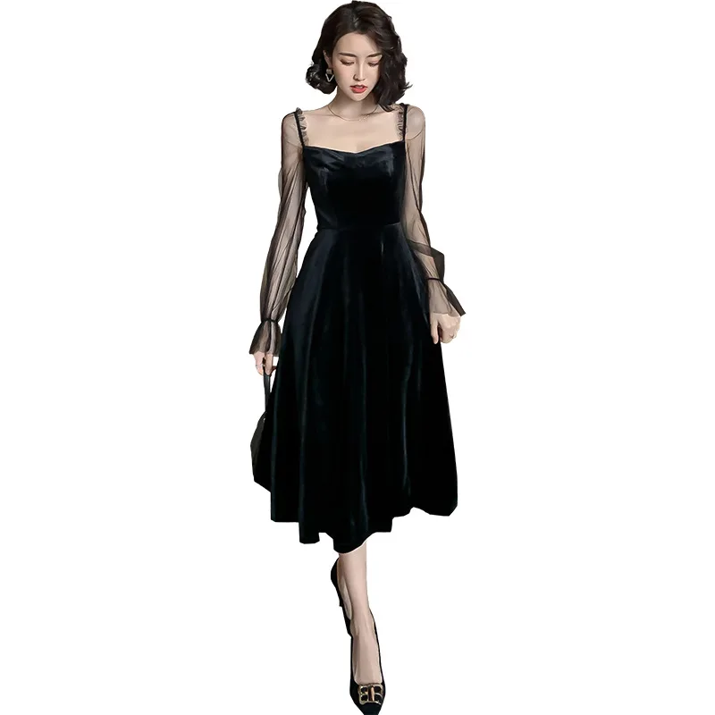 Осенние женские платья черная сетка пэчворк с расклешенными рукавами бархатное платье Женский Бандаж облегающее винтажное сексуальное вечернее платье А-силуэта