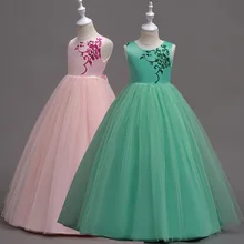 5-16 лет Девушки платье для девочек зеленого цвета; Длина до пола; материал-платья Одежда для свадьбы, дня рождения Платья принцессы с вышивкой полный костюм vestidos
