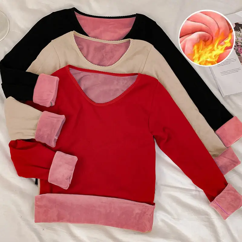 

[Double Layer Warmth] Ladies Thermal Underwear, Women's Thickening Plus Fleece Top Round Neck Lace Bottoming Shirt