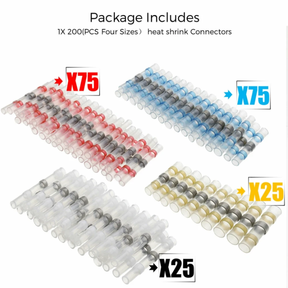

200pcs Electrical Waterproof Solder Seal Connectors 4 Colors Heat Shrink Insulated Wire Butt Terminal Connector Mixed Set