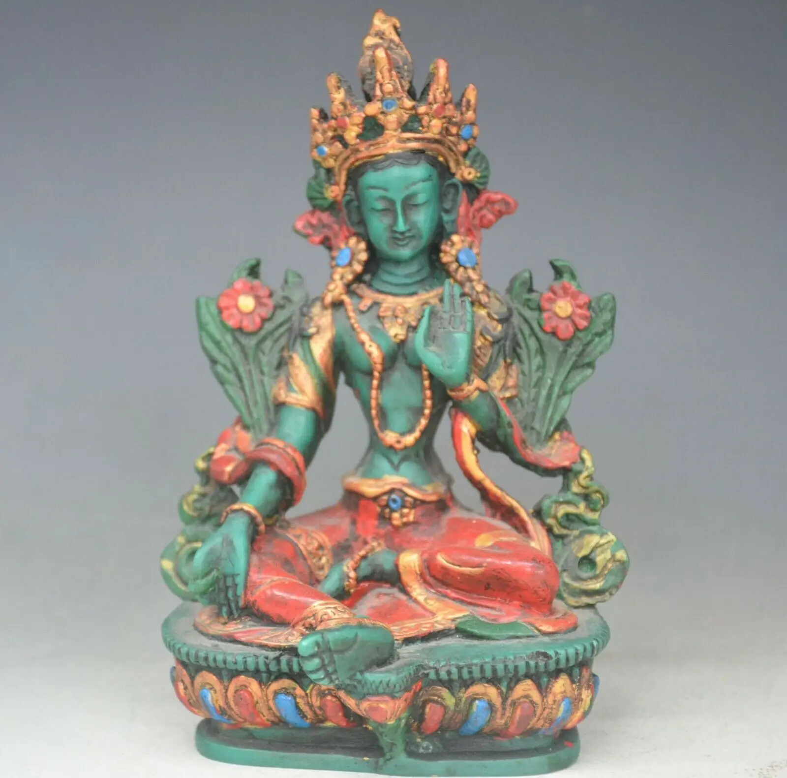 Тибетские антикварные Лаки зеленый богиня ТАРА статуя Гуаньинь статуя Будды Безопасный и удача украшения дома