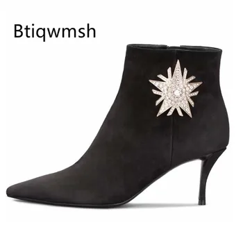 

2019 Rhinestone Black Suede Ankle Boots Women Pointed Toe Strange High Heel Shoes Woman Fashion Party Shoes