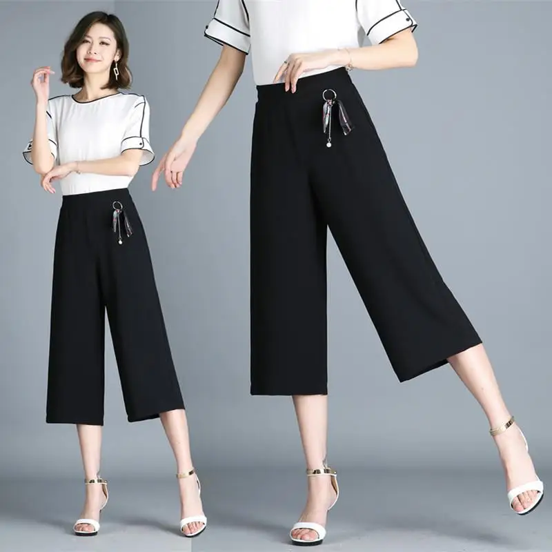 

women's capri pants for Women's 2020 korean style fashion summer high waist wide trousers loose black classic pants large sizes
