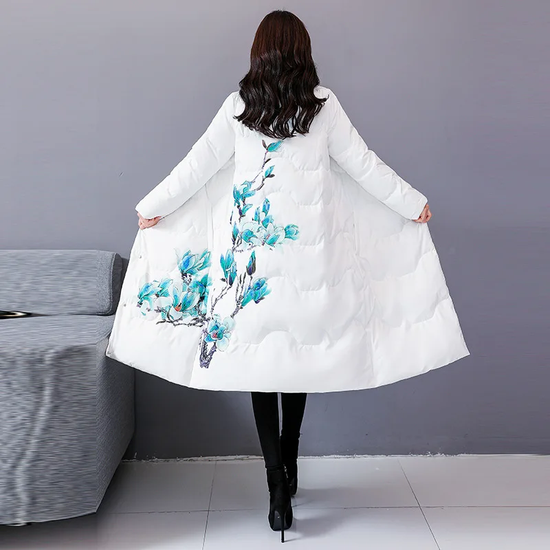 

Retro National Wind Printed Cotton-padded Clothes Women's Mid-length down Cotton Coat Winter New Style Korean-style Loose And Pl