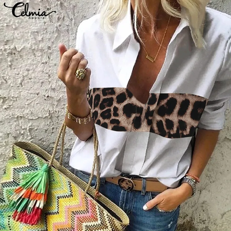 Celmia 2020 Sexy Leopard Stitching Blouse Womens Clothing Autumn V-Neck Long Sleeve Shirts Casual Loose Tops Vintage Blusas 5XL