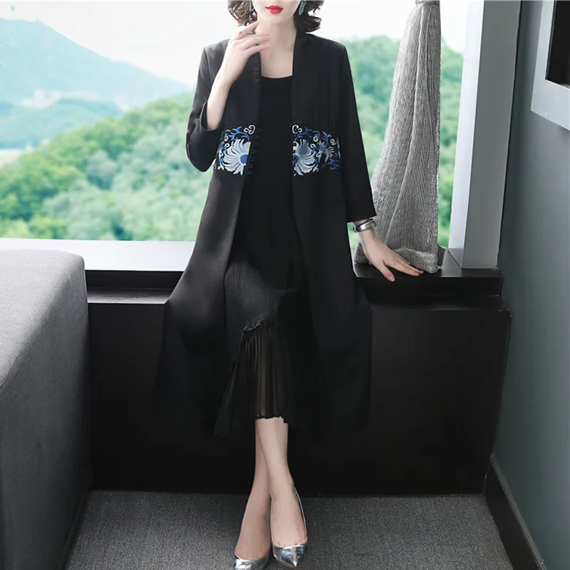 black Casacos Feminino осень зима черный розовый длинный кардиган куртка для женщин изысканная вышивка винтажное длинное пальто для женщин 50s 60s - Цвет: black