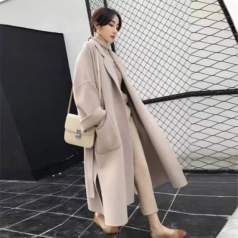 

Elegant Long Coat Winter Coat Women Belted Solid Coat Women's Jacket CHUQING High Quality Korean Women's Black Coat wool Coat