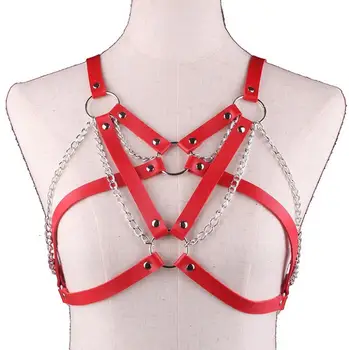 

Sexy Women Leather Chain Open Bust Body Harness Breast Bra Women's Sexy Clubwear Restraints Strap Punk Accessories