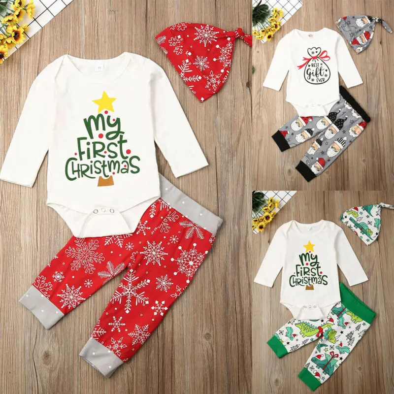 

3Pcs Newborn Baby Girls Boys 0-18M Christmas Romper Bodysuit Long Pants Hat Outfits