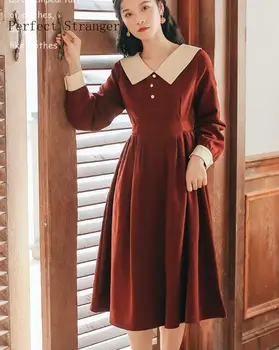 

High Quality 2020 Spring New Arrival Retro Peter Pan Collar Collect Waist Women Long Dress
