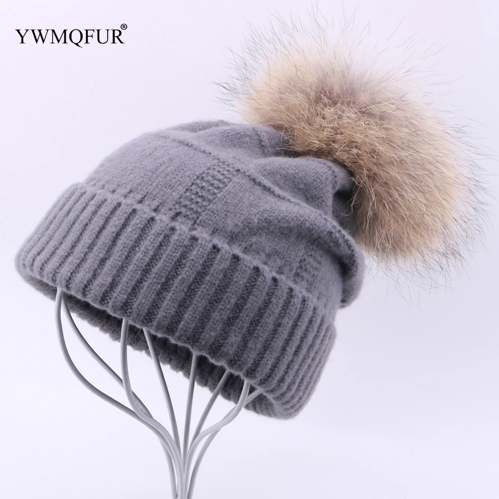 Зимняя винтажная вязаная шапка Skullies для женщин, однотонная женская бини, шапки с настоящим помпон из меха енота, теплая женская Лыжная Шапка Gorro для девочек