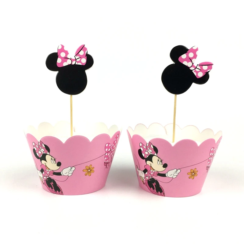 24pcs Baby Shower Kids Favors Minnie Mickey Mouse Decoration Cake Cupcake Paper Wrappers Toppers Happy Birthday Party Supplies