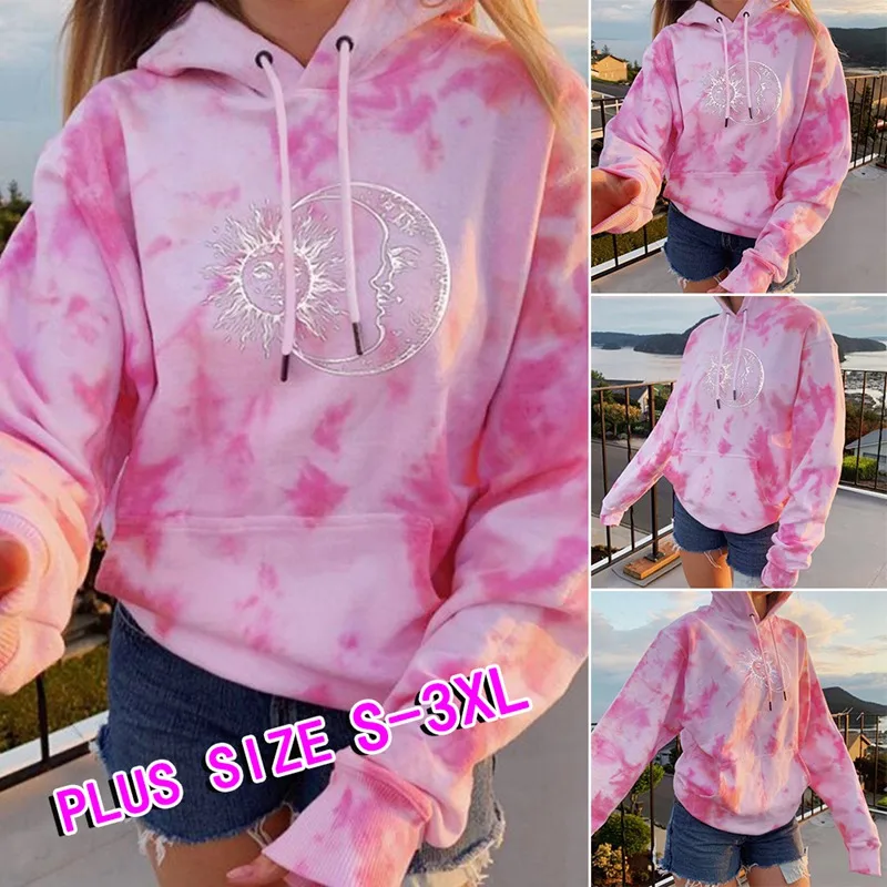 

3XL Large Size Women Sweatshirts Loose Pullover 2020 Autumn Winter Female Tie Dye Moon Sun Print Hoodies Oversize Sweatshirt
