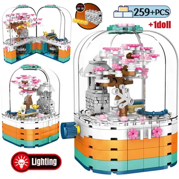 

SEMBO Creative LED Light Rotating Box Building Block City Street View Friends Cherry Blossom Tree House Bricks Toys for Children