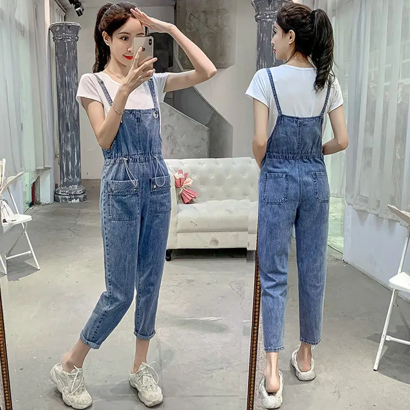 2021 Summer Thin Waist Slimming Denim Overalls Women Fashion Straight Nine-point Pants Trendy Tooling Jeans Women Women Jeans