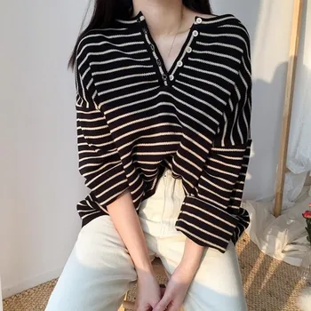 

Korean V Neck Sweater Women Autumn Winter Preppy Style Casual Loose Ladies Striped Sweaters Pullovers Knitted Jumpers