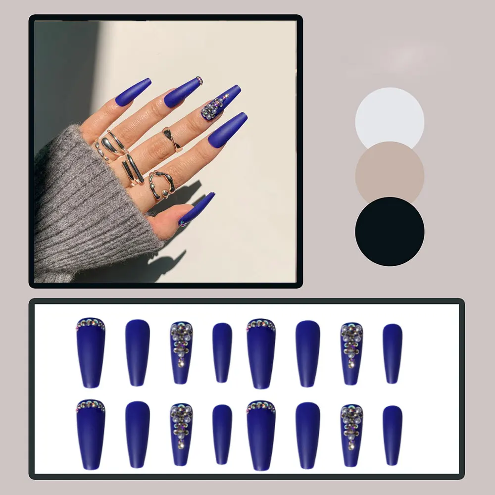 Faux ongles mats Extra longs, 24 pièces, cercueil de ballerine, décalcomanies à strass colorées bleu foncé, avec motifs, Nail Art