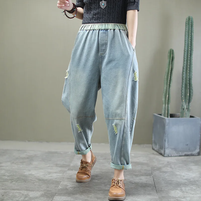 

Hole Patchwork Clothes Denim Cowboy Trousers 2020 Fashion Printing Jeans Women Harem Pants With Elastic Waist Z2