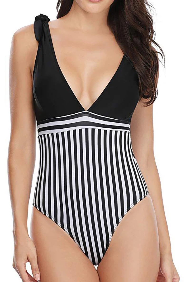 Striped Swimsuit High Waist Sexy Deep V-neck Swimsuits Women Push Up Swimwear xSwimming Suit For Bowknot Fitness 2020 | Спорт и