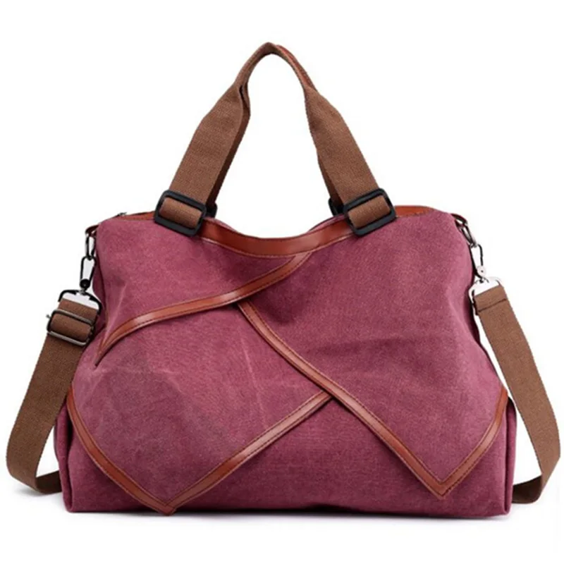 

Multi-Functional Patchwork Canvas Handbag Large Capacity Ladies Handbag Shoulder Bag Simple Style Travel Bag Fuchsia