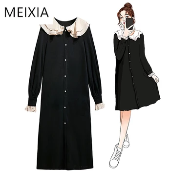 

MEIXIA 2020 Autumn Women Casual Dress Black Ruffled Collar Butterfly Sleeve Single Breasted Loose Office Lady Mid-Calf Dress
