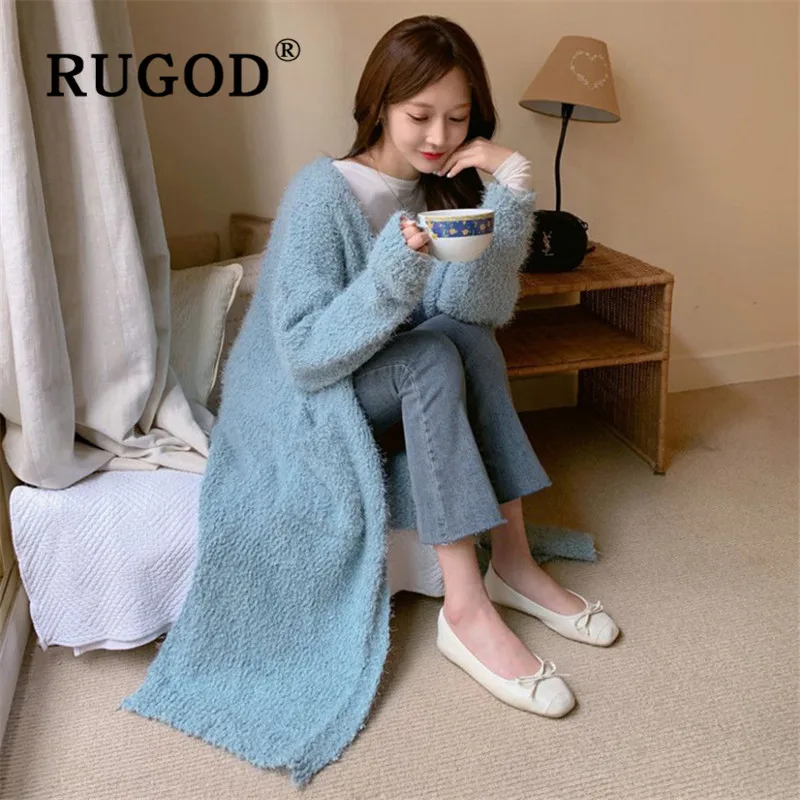 RUGOD, однотонный пушистый вязаный свитер, длинный кардиган размера плюс, Свитера Simplee, зимние топы для женщин, осень, элегантная вязаная одежда