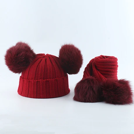 red hat scarf Детская вязаная шапочка с натуральным лисьим мехом и помпоном, набор шарфов, костюм для маленьких мальчиков и девочек, зимние шапки, 4 предмета, меховая шапка с помпоном - Цвет: red hat scarf