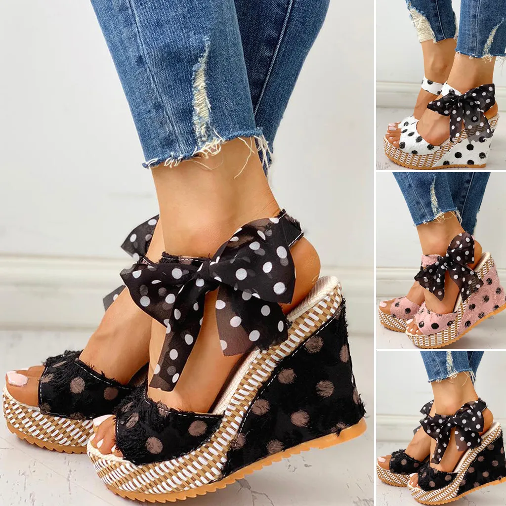 

Bowknot Lace Sandals Women's Sexy Platform Shoes Wedges Heel Sandals Dot Print Fashion Open Toe Shoe Lace-up Shoes Footwear