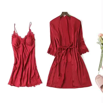 

Chinese Style Bride Wedding Robe Satin Sleepwear Home Clothes Sexy 2PCS Nighty&Robe Set Nightgown Lace Kimono Bathrobe Gown
