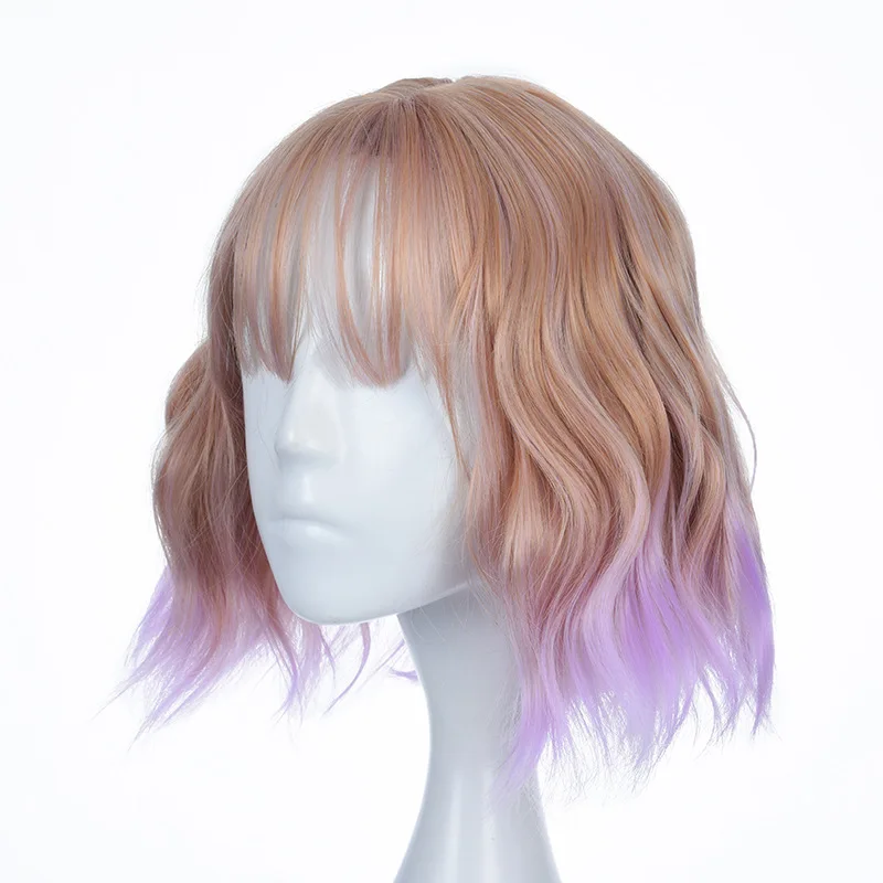 Женская большая волна коричневый фиолетовый градиент короткий парик синтетический парик с челкой