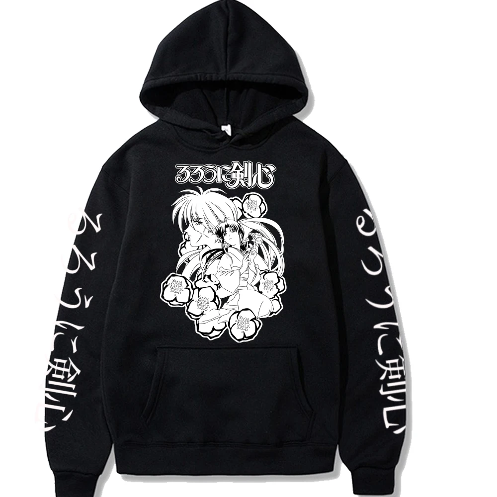 Japan Anime Rurouni Kenshin Hoodies Funny Cartoon Manga Black And White Print Streetwear Cool Himura Men Women Sweatshirt Tops