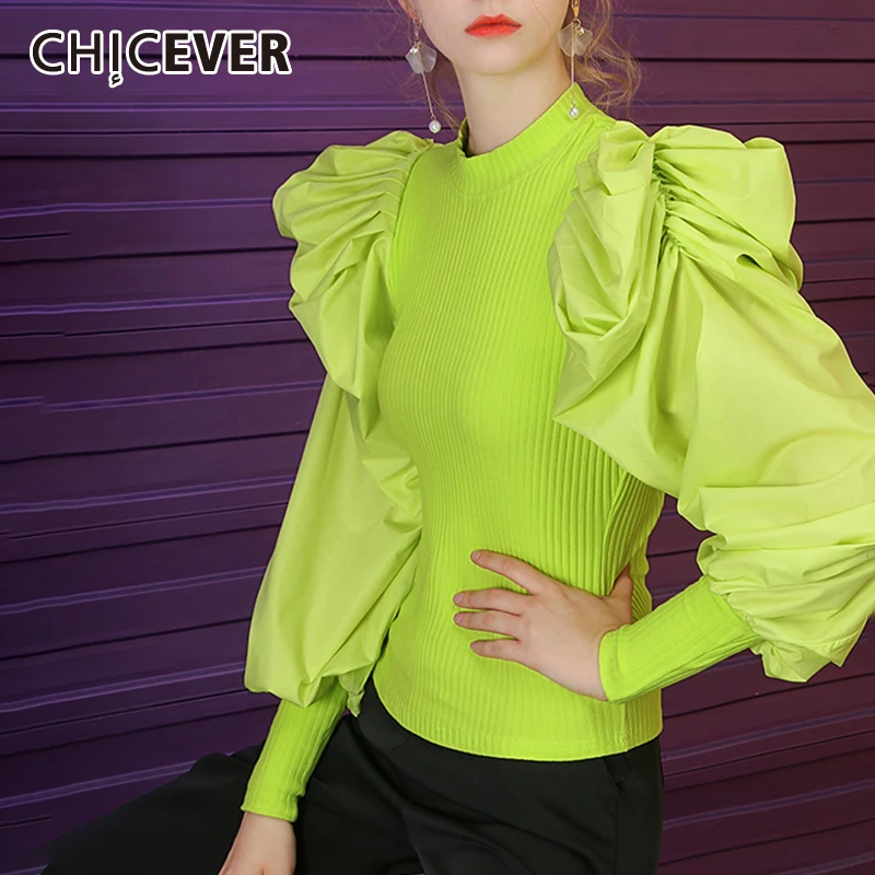

CHICEVER Korean Knitting Women's Sweater O Neck Puff Sleeve Large Size Casual Pullover Sweaters Female 2019 Fashion New Clothes