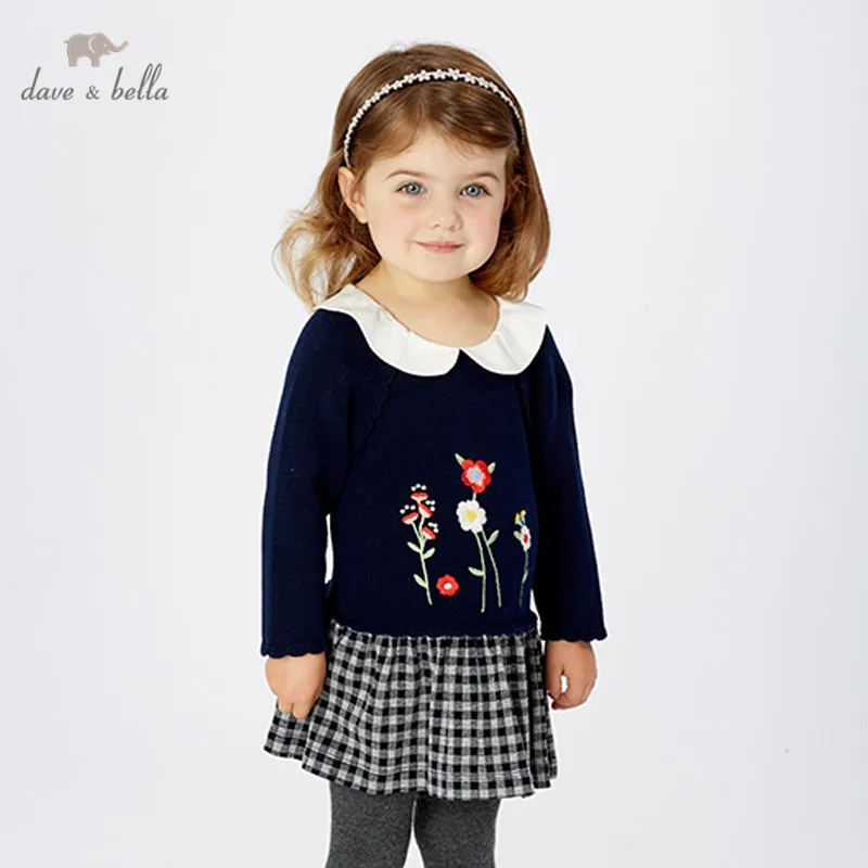 DB11414 dave bella/осеннее платье-свитер принцессы с цветочным рисунком для маленьких девочек детское модное праздничное платье детская одежда в стиле «лолита»