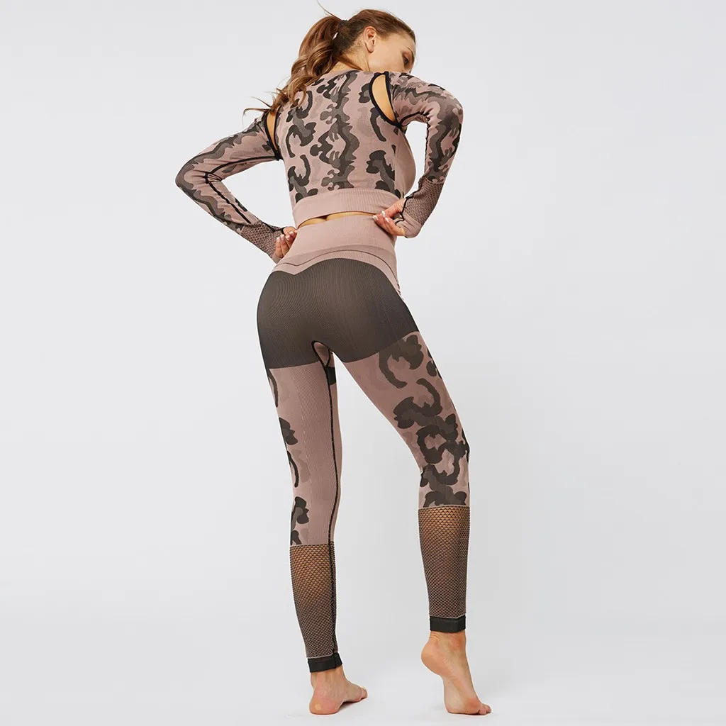 Спортивный костюм Женская Спортивная одежда для женщин бесшовный фитнес-костюм для йоги Леопардовый принт хип-лифтинг костюм для йоги# D