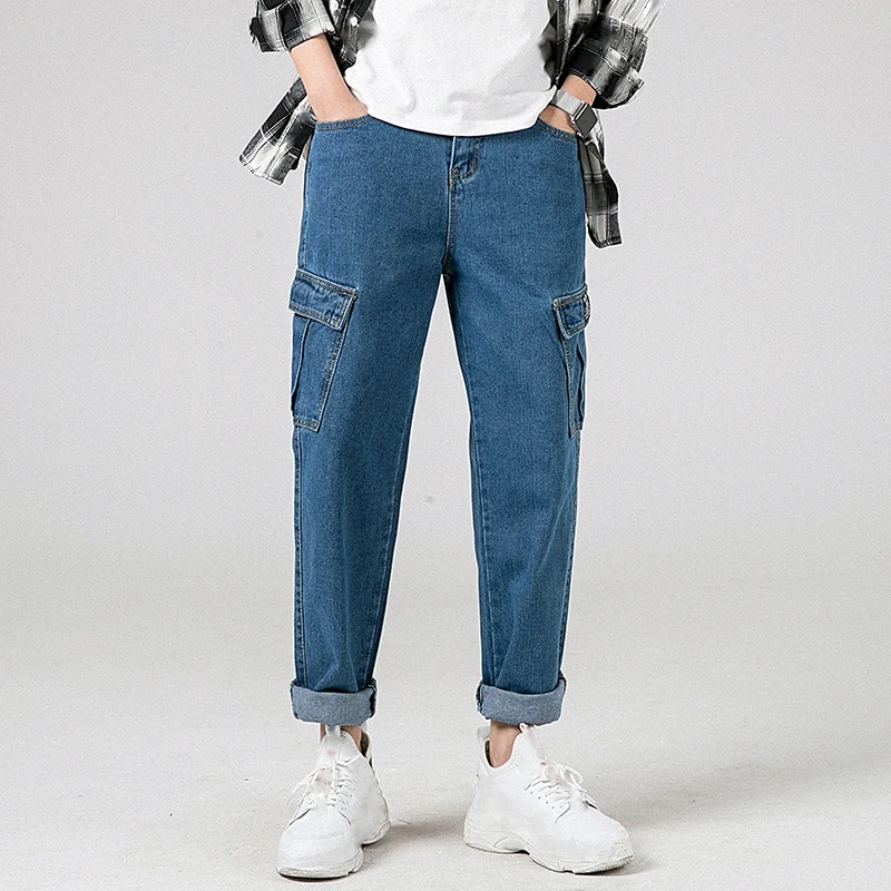 2019 Young Man Cargo Pants Denim Black Pockets Men Slim Straight Jeans Streetwear Outside Pant Male Personal Trousers