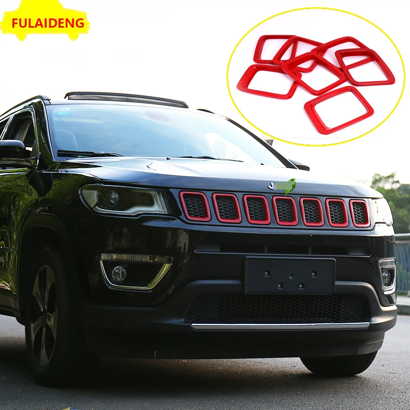7 шт. для Jeep Compass- красный и черный ABS Хром Передняя решетка решетки сетки комплект вставок отделка автомобиля Стайлинг Аксессуары