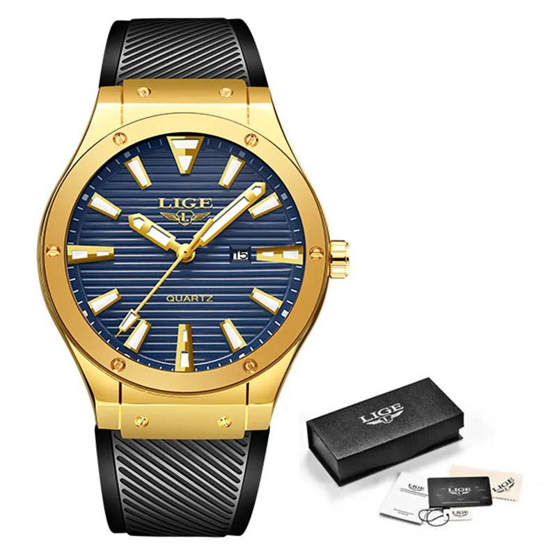 gold blue LIGE модные мужские часы Новые водонепроницаемые кварцевые часы с силиконовым ремешком Мужские Роскошные брендовые креативные спортивные часы Relogio Masculino - Цвет: gold blue
